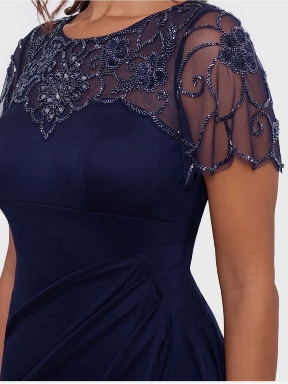 XSCAPE Dahlia Long Sheer Matte Jersey Beaded Top Dress coquette Navy Size 12 - Picture 3 of 15